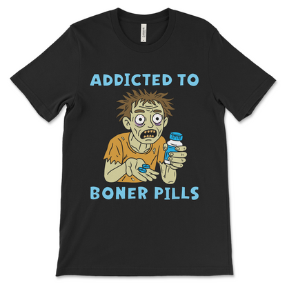 Offensive graphic T-shirt that says “Addicted to Boner Pills,” meme shirt with rude humor, dark edgy streetwear