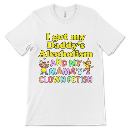 BDSM clown shirt with obscene text, funny adult humor, and unhinged dark meme vibe.
