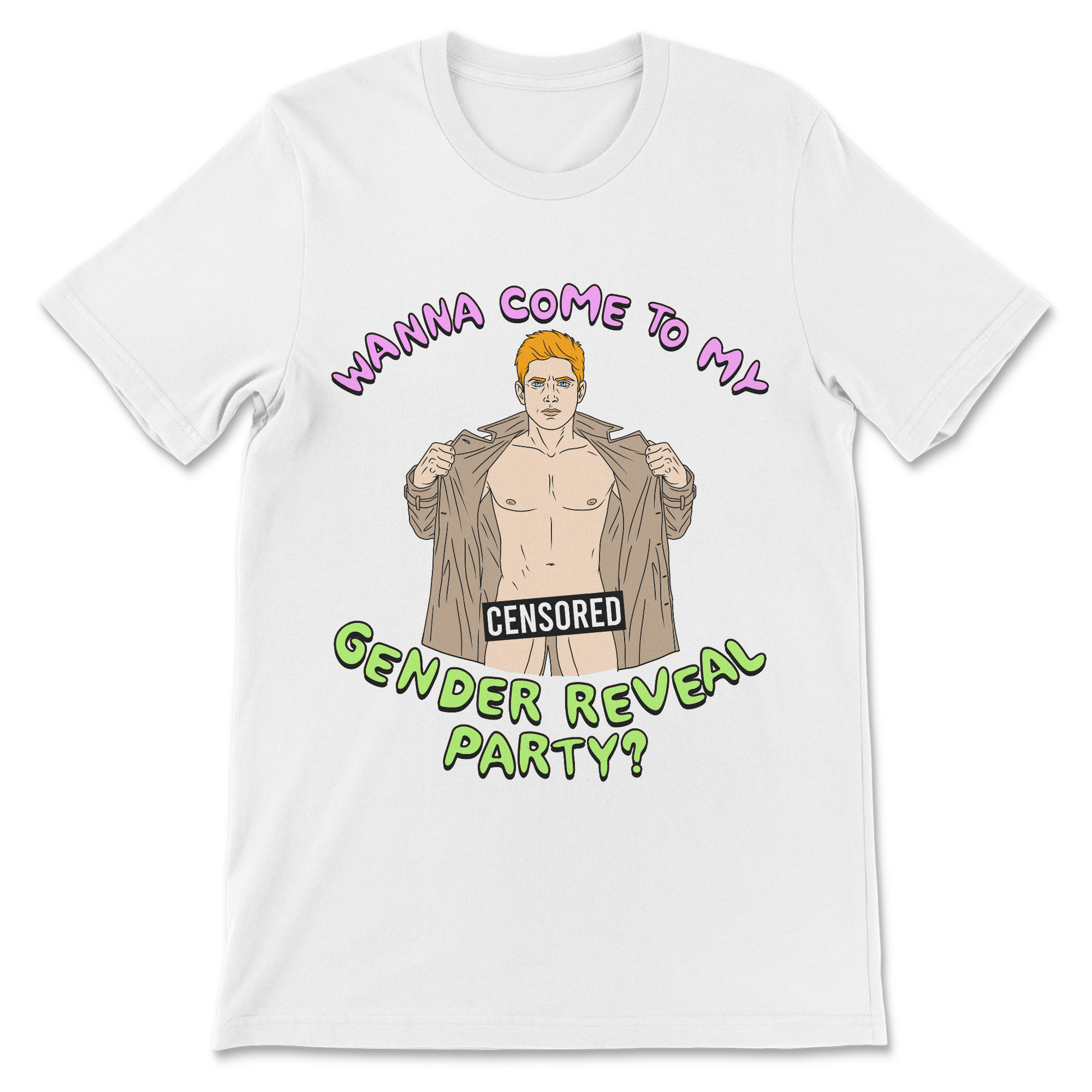 Offensive gender reveal party shirt showing man flashing everyone funny inappropriate design