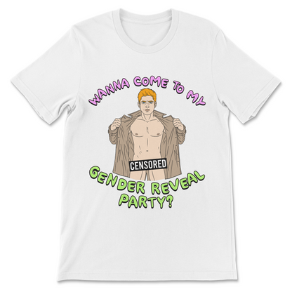 Offensive gender reveal party shirt showing man flashing everyone funny inappropriate design