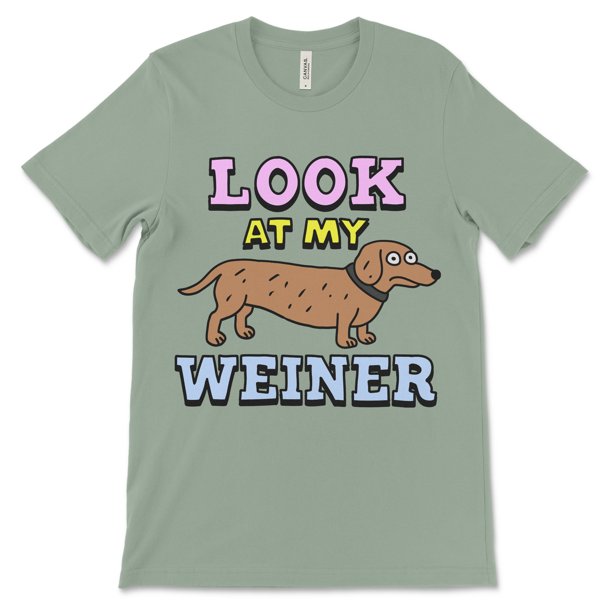 Humorous dog shirt with a wiener dog illustration and rude pun. Ideal for people searching for funny animal shirts.