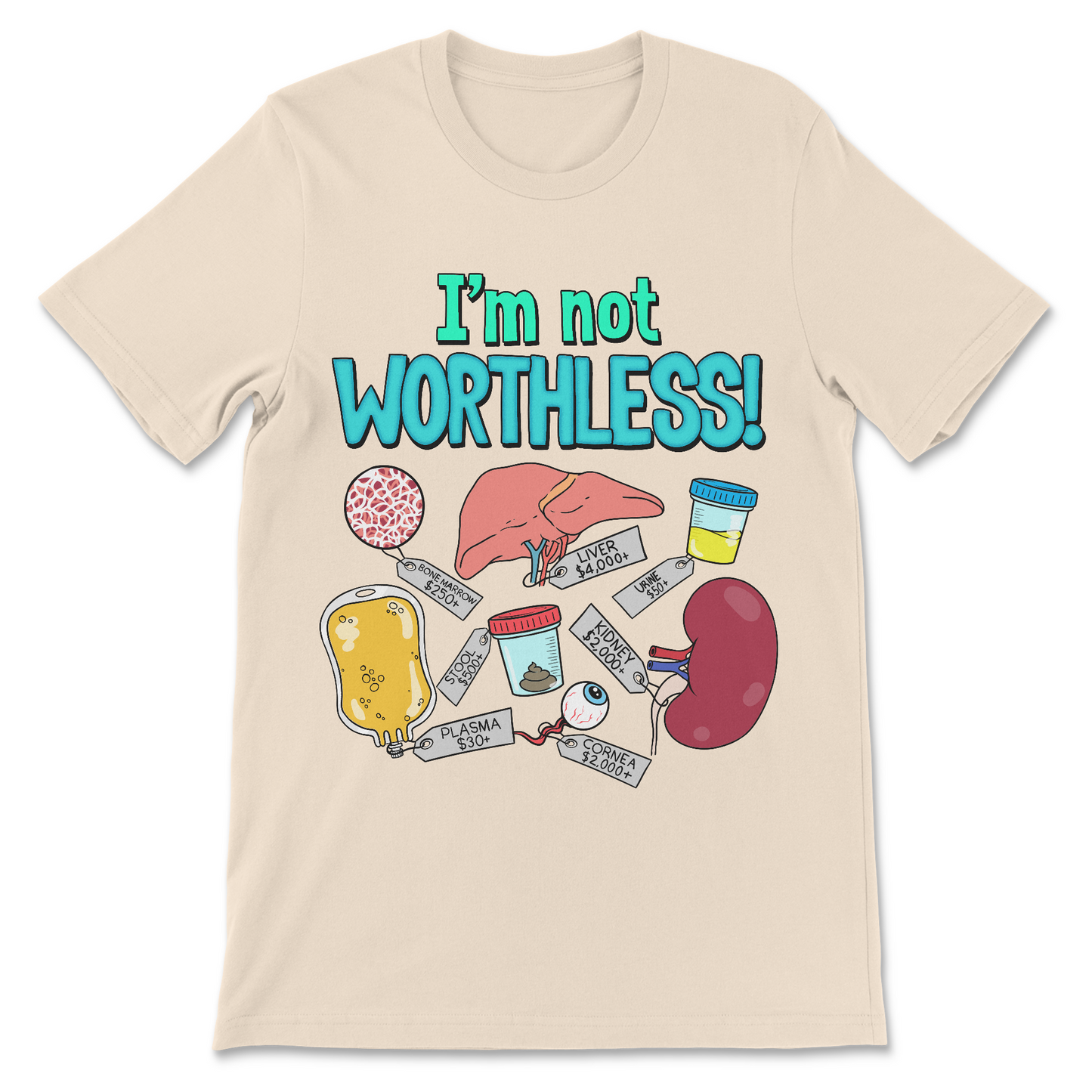 Offensive meme shirt showing a human body with items you can sell for cash.
