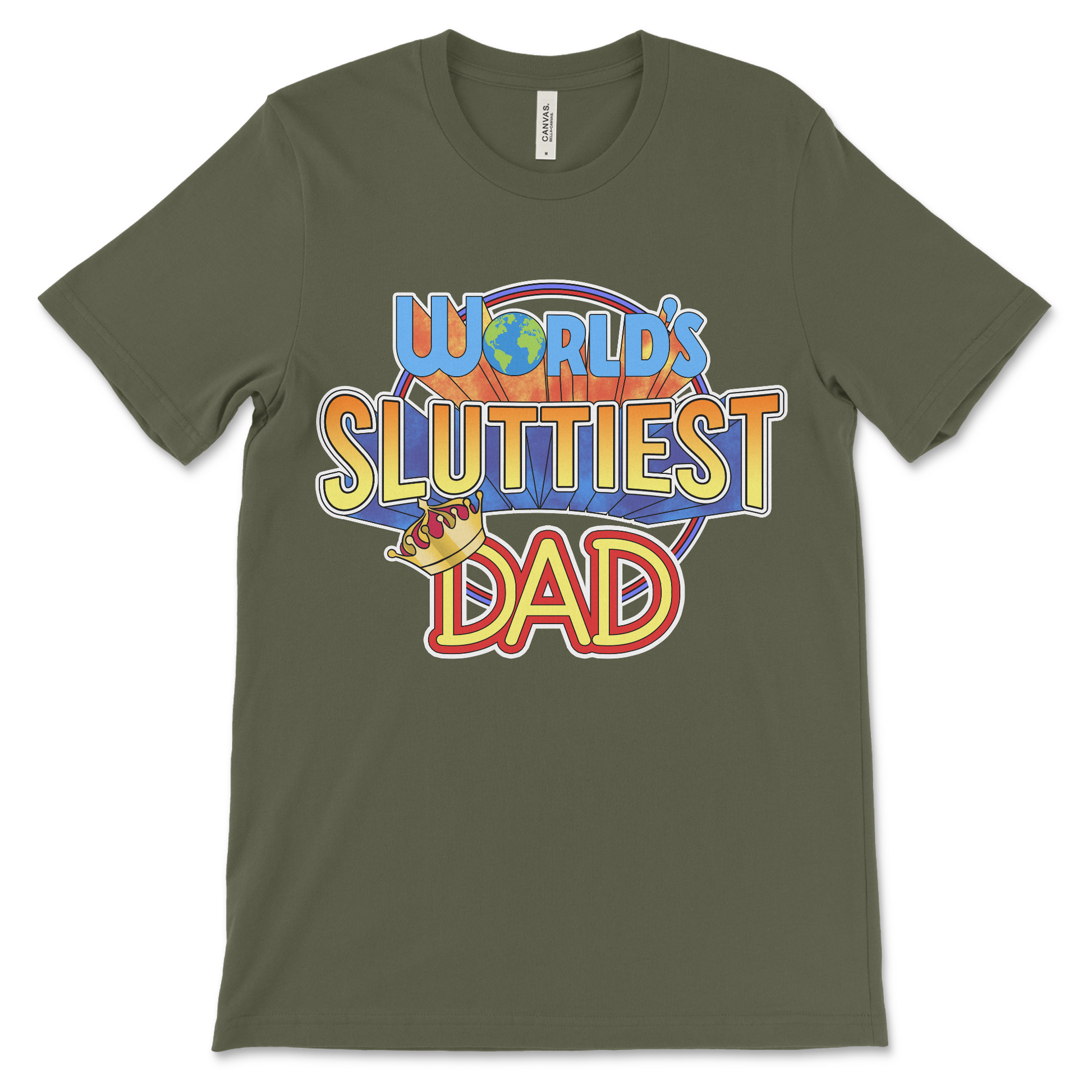 T shirt with “World’s Sluttiest Dad” text, dirty and raunchy dad humor design with funny and inappropriate adult vibes.