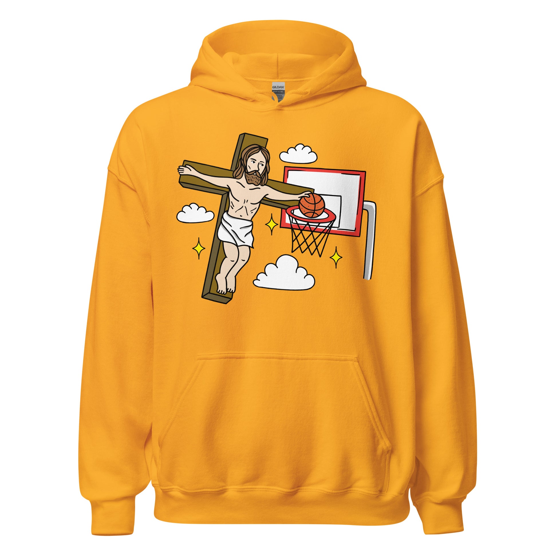 Jesus basketball hoodie showing crucifixion combined with a sports theme for an offensive parody. This hoodie works well for searches related to funny religious shirts, meme hoodies, and inappropriate humor fashion.