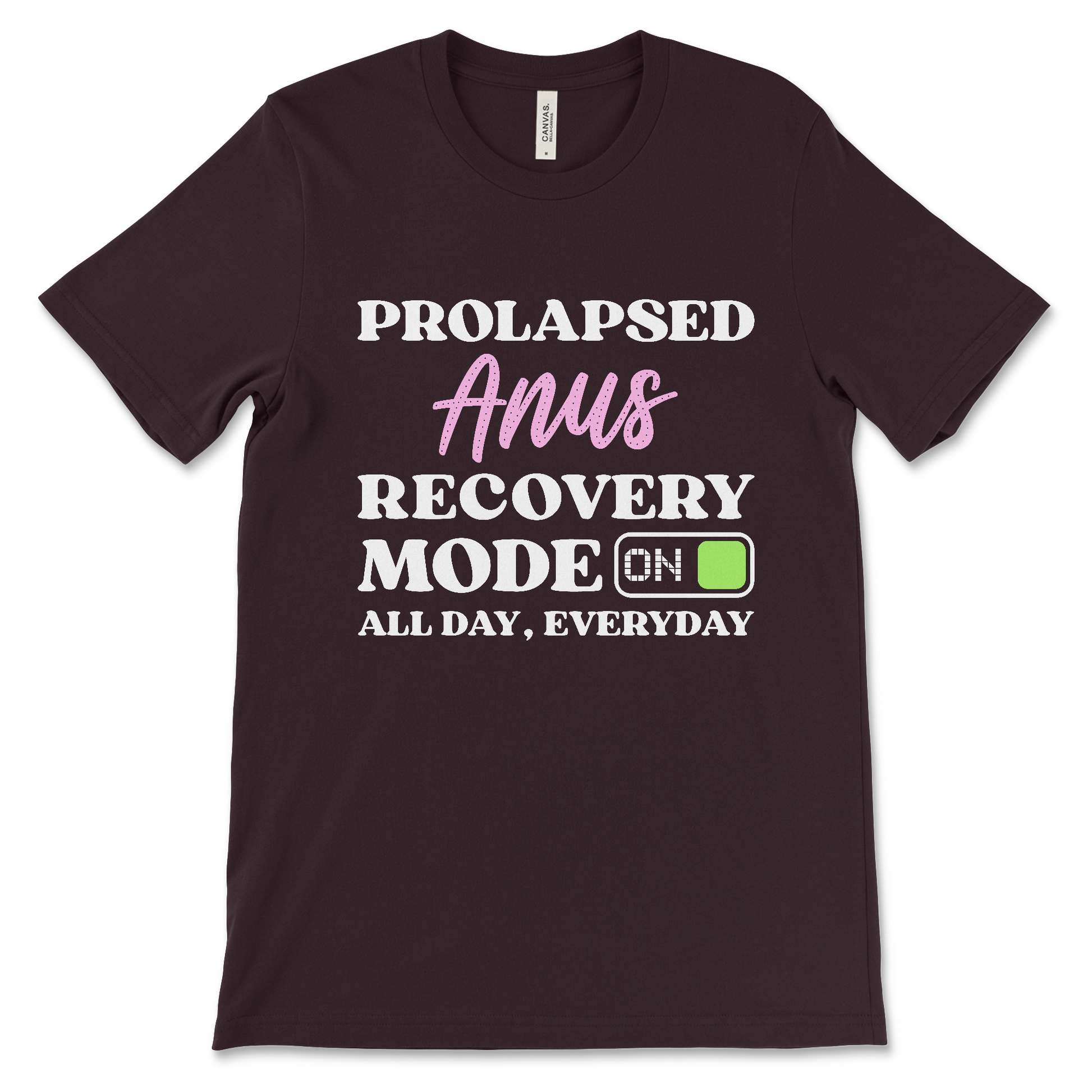 Prolapsed Anus Recovery Mode On graphic T-shirt, offensive dark humor shirt with sarcastic gag gift message, displayed flat.