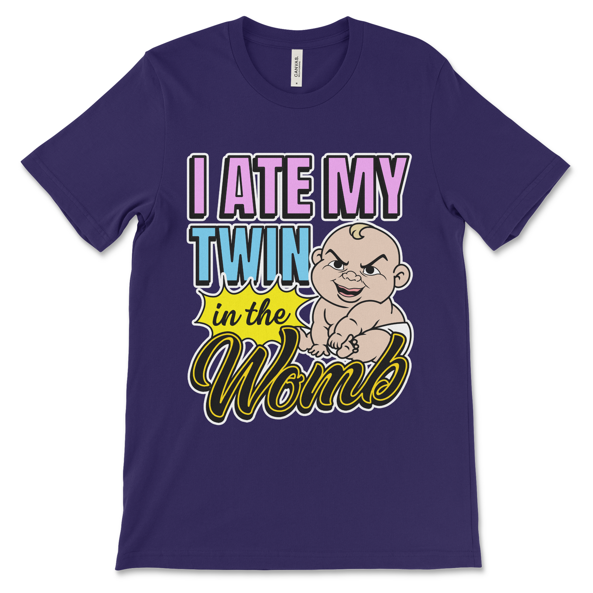 Dark humor meme shirt that says “I Ate My Twin in the Womb,” weird graphic tee with cursed t shirt vibes and edgy absurd humor.