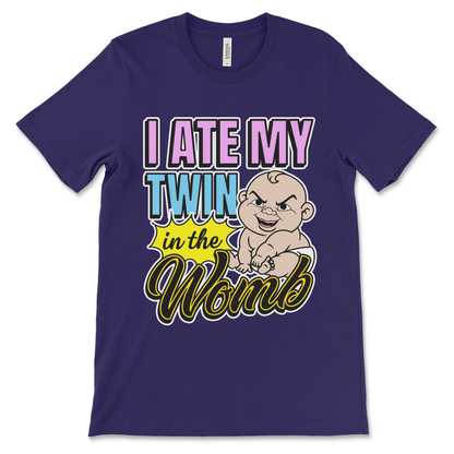 Dark humor meme shirt that says “I Ate My Twin in the Womb,” weird graphic tee with cursed t shirt vibes and edgy absurd humor.