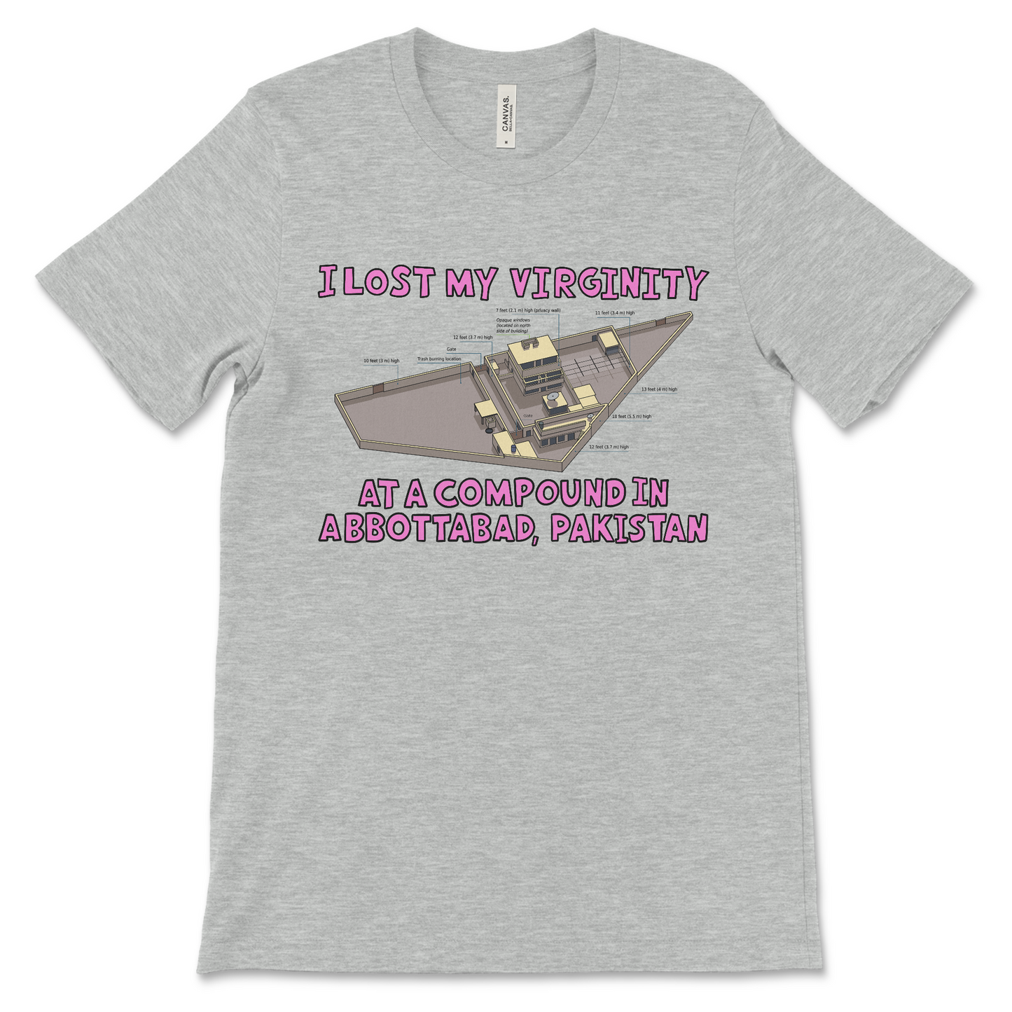 funny 9/11 shirt that says I Lost My Virginity at a Compound in Abbottabad offensive meme shirt with dark humor political joke and inappropriate quote about 9/11 and osama bin Laden