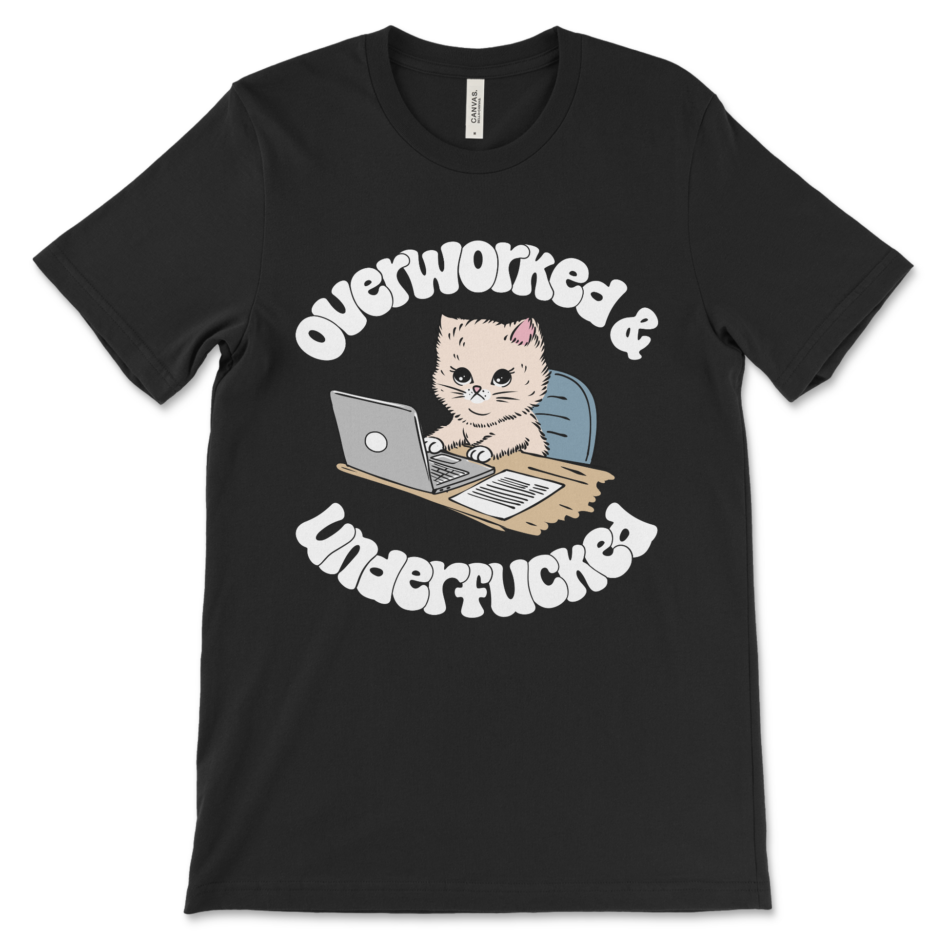 Overworked and Underfucked shirt, funny vulgar graphic tee with kitten design.