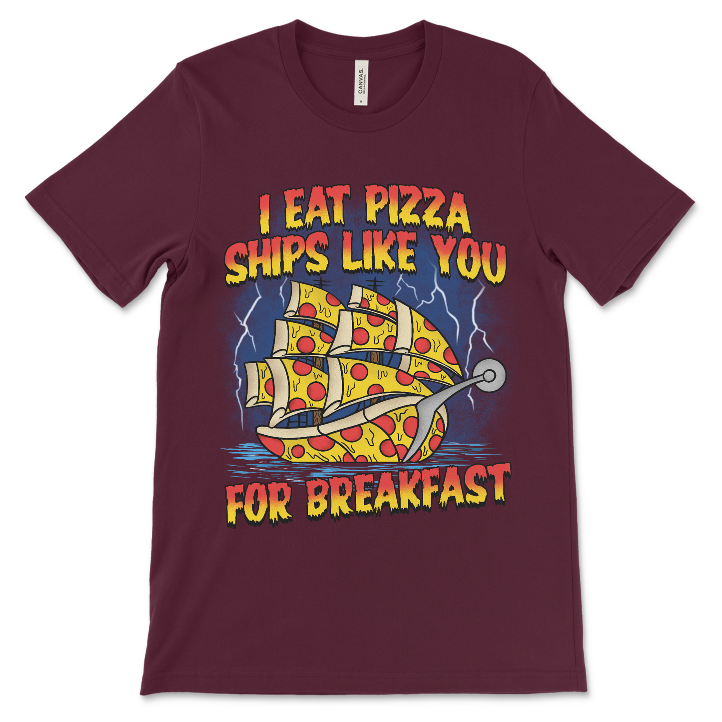 Inappropriate funny T-shirt with pizza ship art and bad wordplay.
