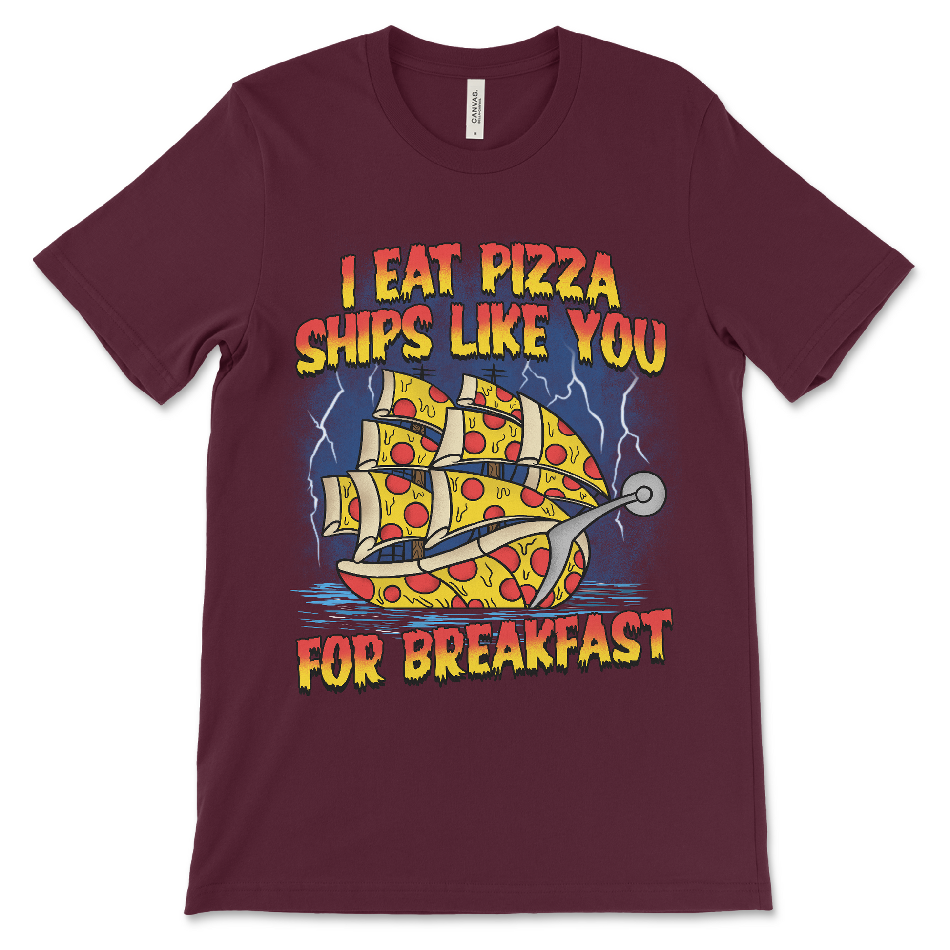 Inappropriate funny T-shirt with pizza ship art and bad wordplay.

