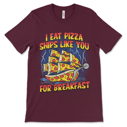 Inappropriate funny T-shirt with pizza ship art and bad wordplay.
