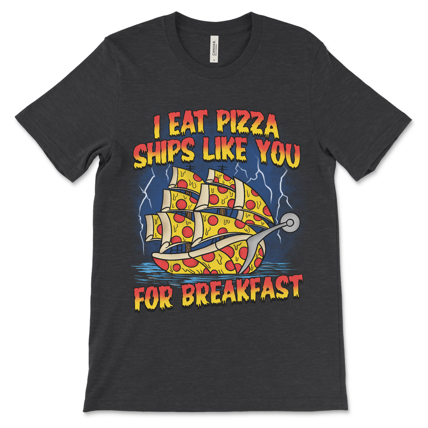 Bad pun meme shirt featuring a pizza ship, absurd humor tee.
