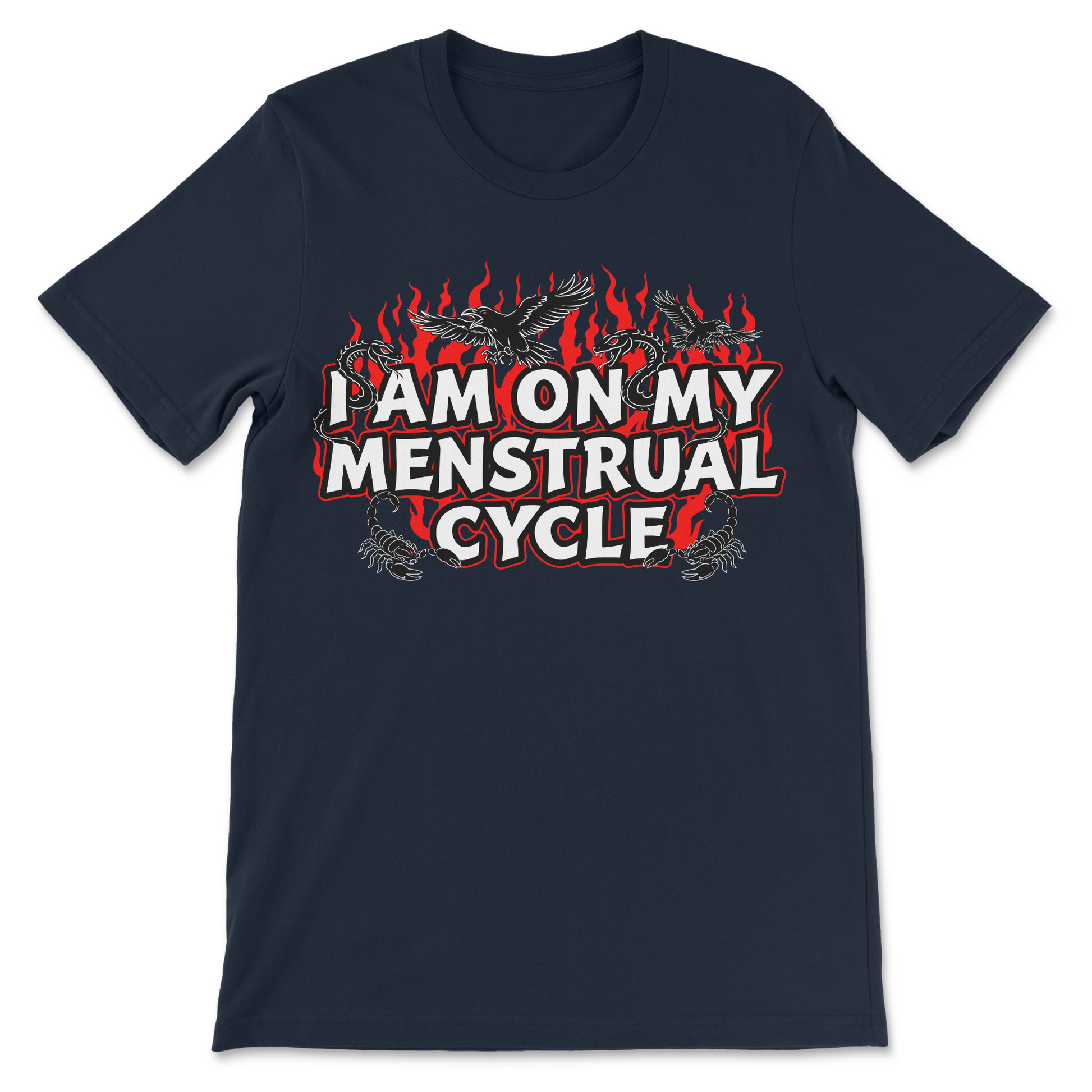 Edgy period humor shirt with flames and snakes
