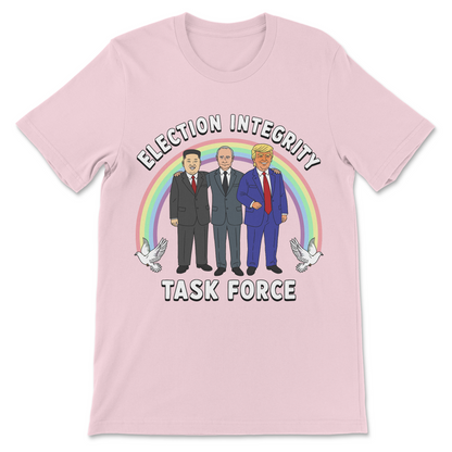 Dark comedy political shirt featuring three controversial world leaders.
