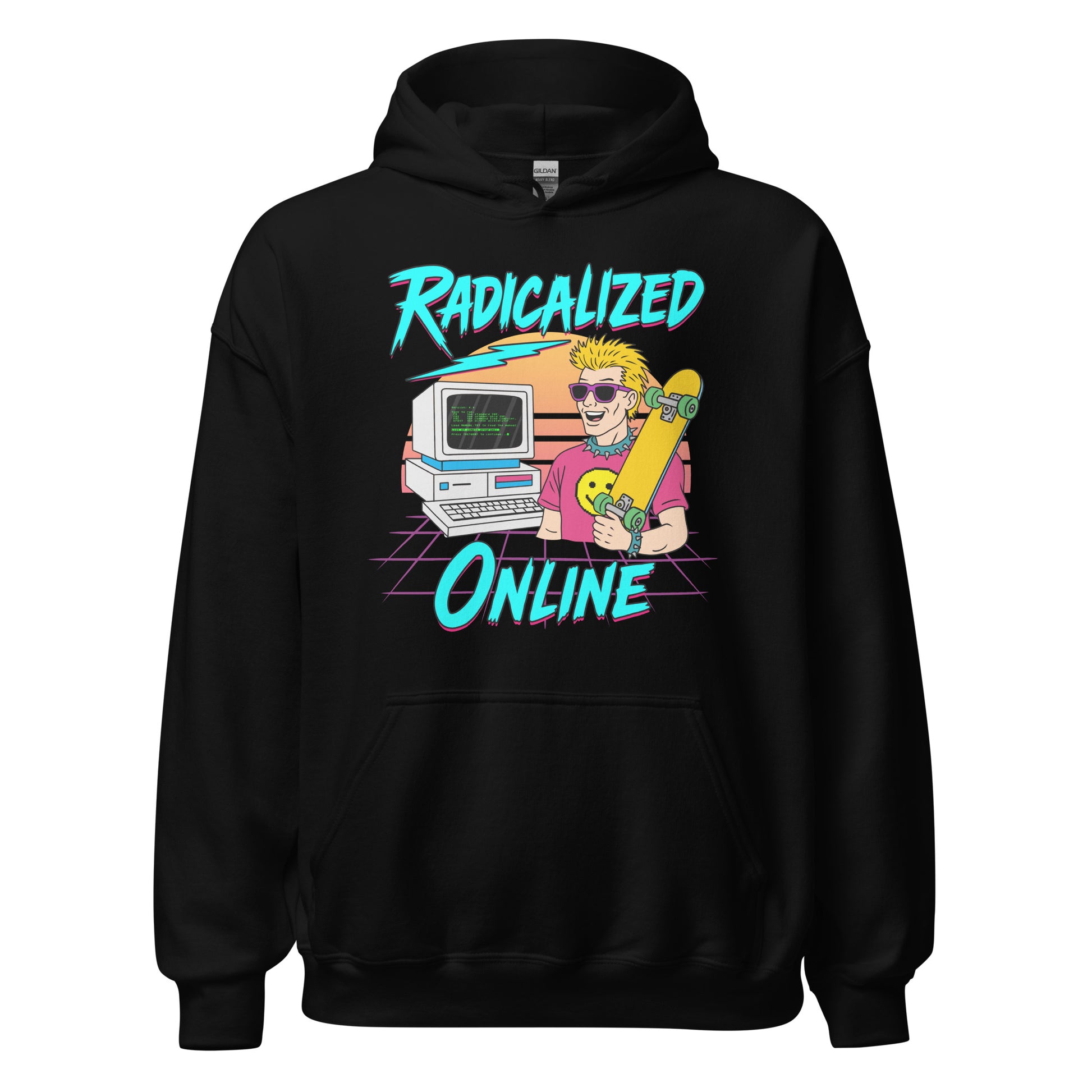 Ironic 80s hoodie making fun of extreme politics and online radicalization

