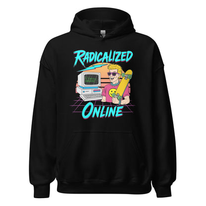 Ironic 80s hoodie making fun of extreme politics and online radicalization
