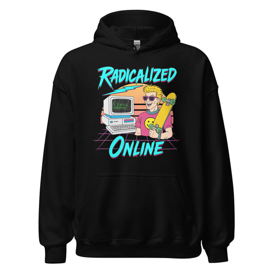 Ironic 80s hoodie making fun of extreme politics and online radicalization
