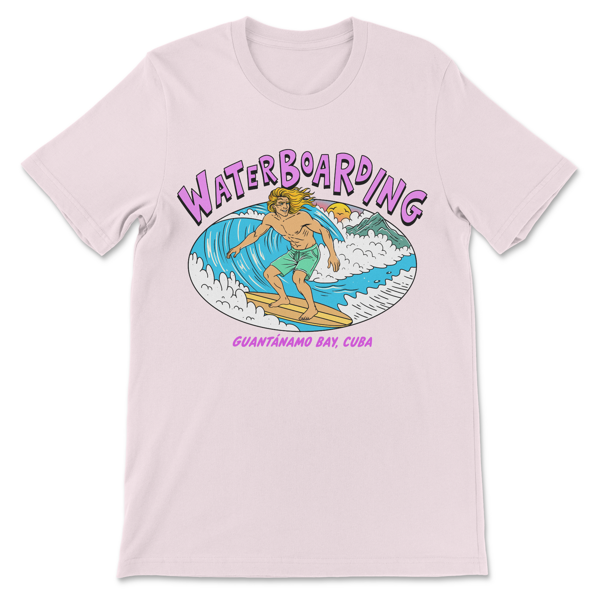Waterboarding Guantanamo Bay Cuba parody shirt with retro coastal illustration.
