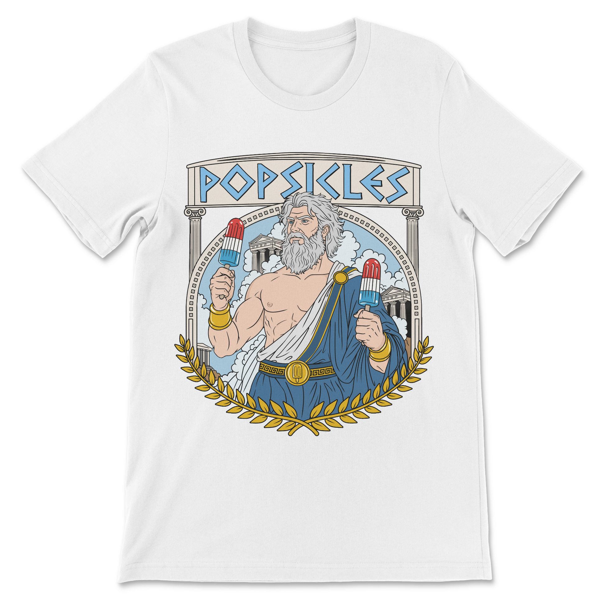 Graphic tee with a Greek god named Popsicles, combining ancient mythology, philosophy, and absurd wordplay.