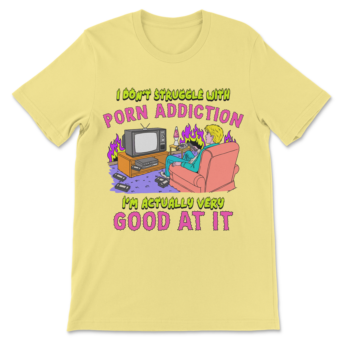 Inappropriate sexual humor graphic tee with bold text slogan
