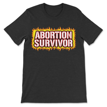 Offensive graphic shirt with the words "Abortion Survivor" for fans of edgy comedy and shock humor.
