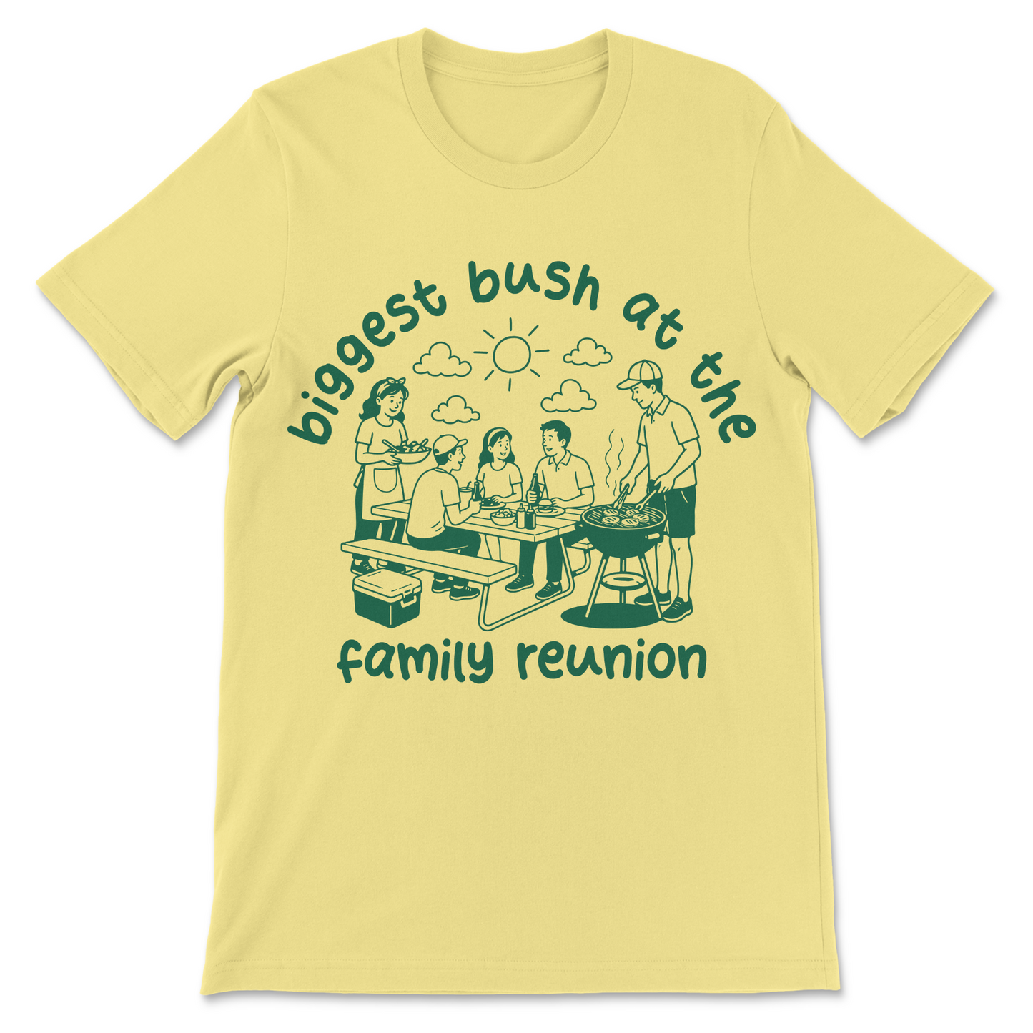 Raunchy graphic tee featuring an awkward family reunion joke.
