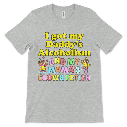 Weird vulgar clown graphic tee with inappropriate saying, dark humor style, and embarrassing fashion.
