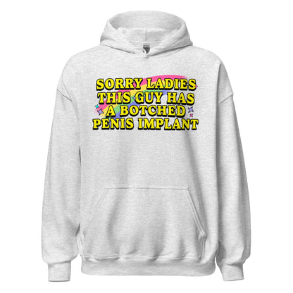 Funny offensive hoodie featuring a crude joke about a botched penis implant. Ideal for shoppers looking for dark humor hoodies, inappropriate graphic clothing, or penis hoodies.