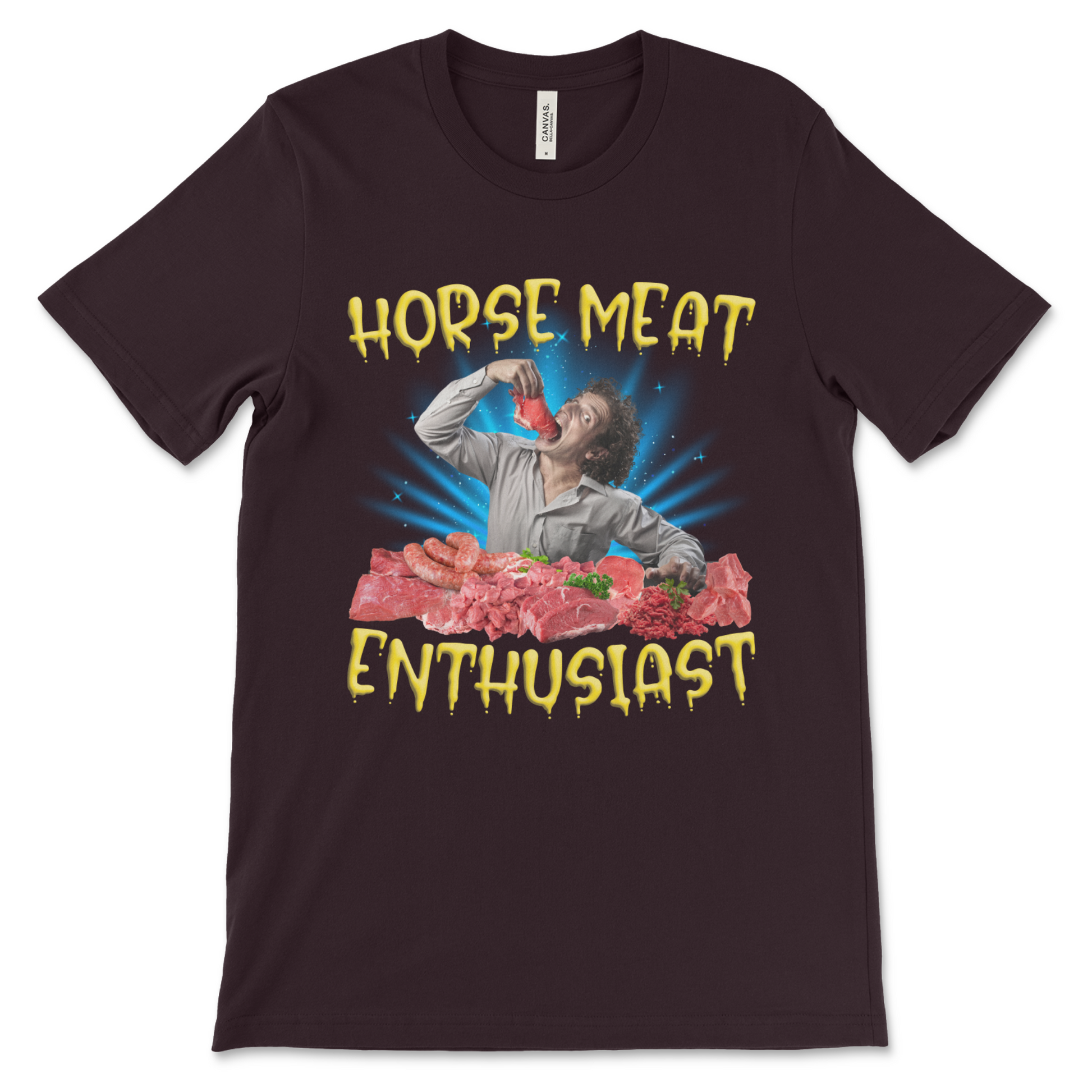 Funny Horse Meat Enthusiast tee, offensive joke shirt for lovers of unsettling and bizarre fashion
