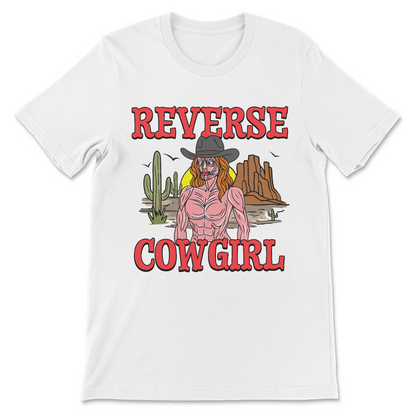 Reverse Cowgirl dark humor meme shirt with creepy Western artwork.
