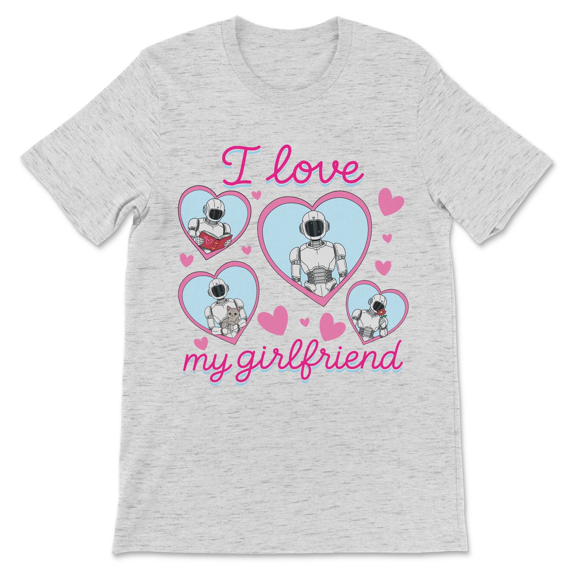 Funny AI girlfriend shirt with a sweet pastel design showing a humanoid robot in romantic heart illustrations.