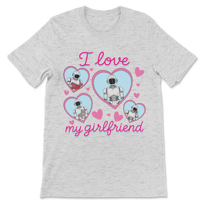 Funny AI girlfriend shirt with a sweet pastel design showing a humanoid robot in romantic heart illustrations.