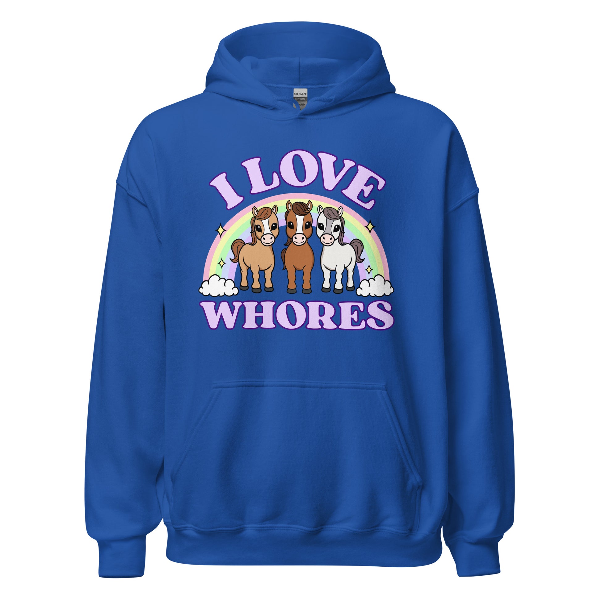funny and offensive horse hoodie that says I love whores 