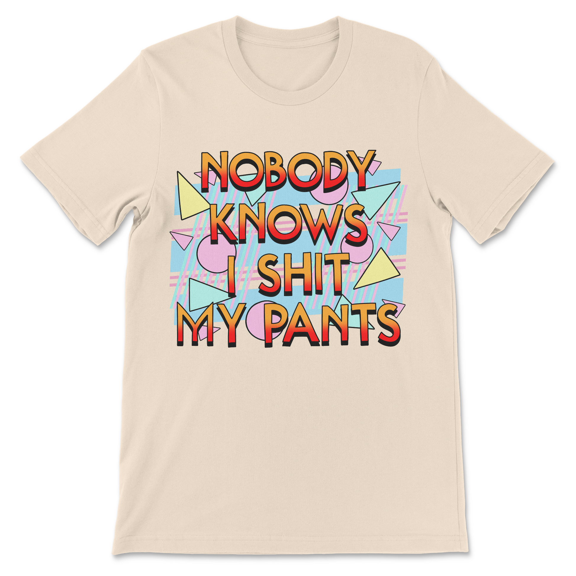 Funny toilet humor shirt featuring the phrase "Nobody Knows I Shit My Pants" with a colorful retro aesthetic.
