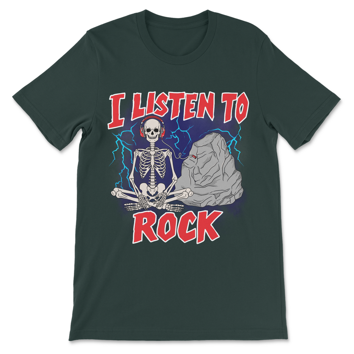 Funny I Listen to Rock graphic shirt with literal rock music joke