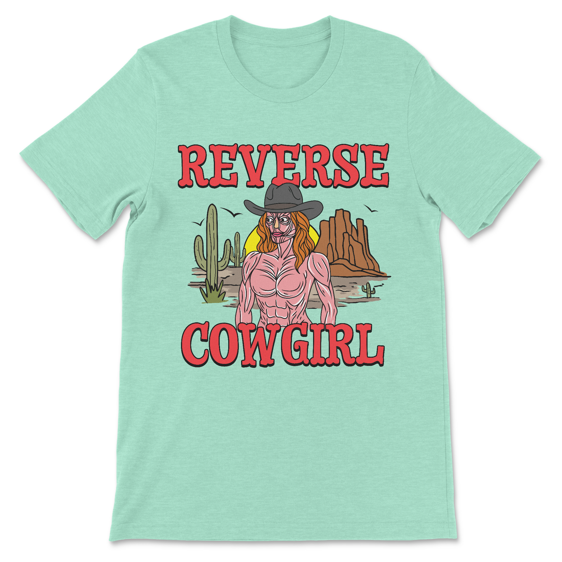 Weird adult humor T-shirt with dark horror-inspired cowgirl design.
