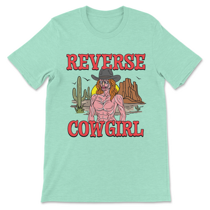Weird adult humor T-shirt with dark horror-inspired cowgirl design.
