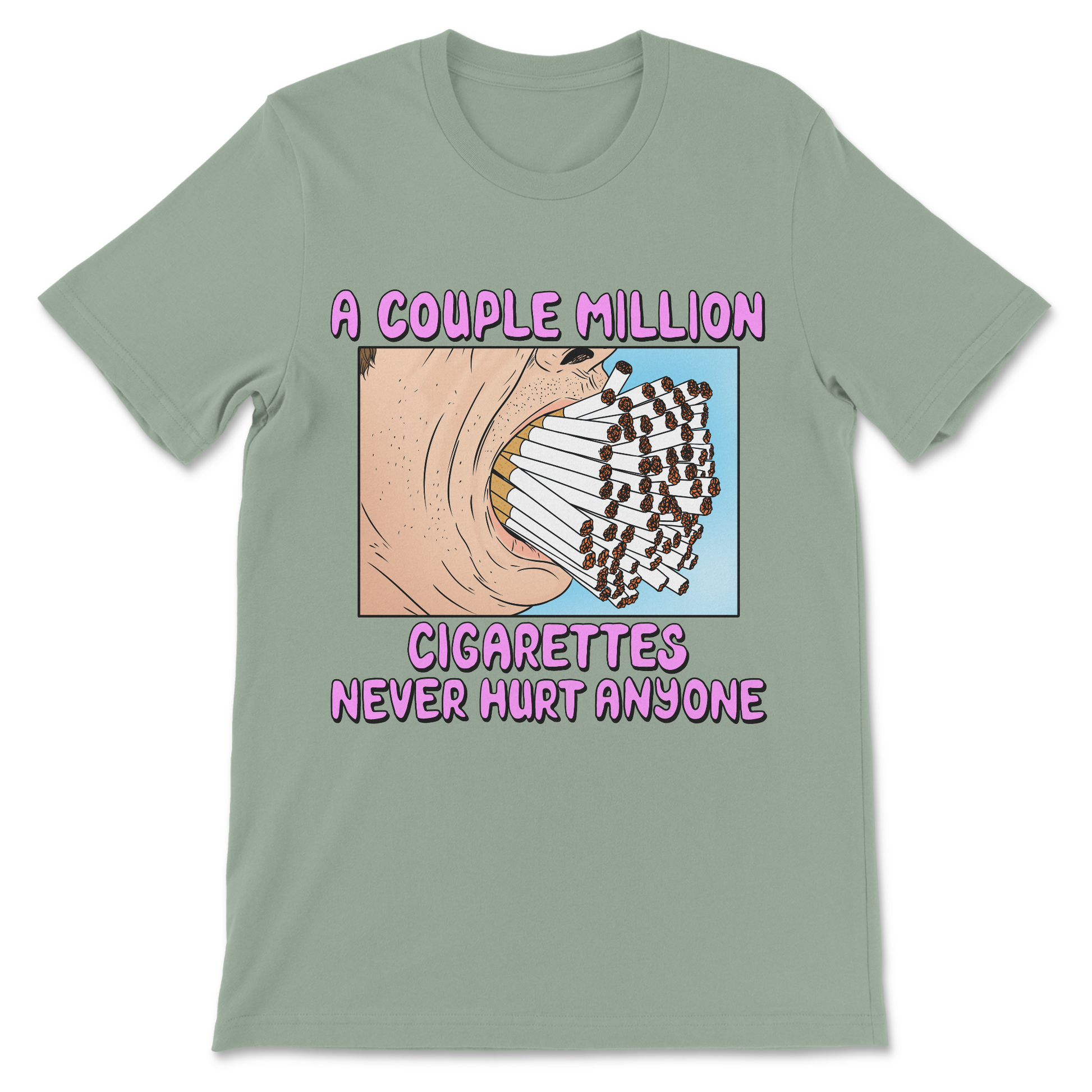 Cynical humor t-shirt with a joke about smoking cigarettes.
