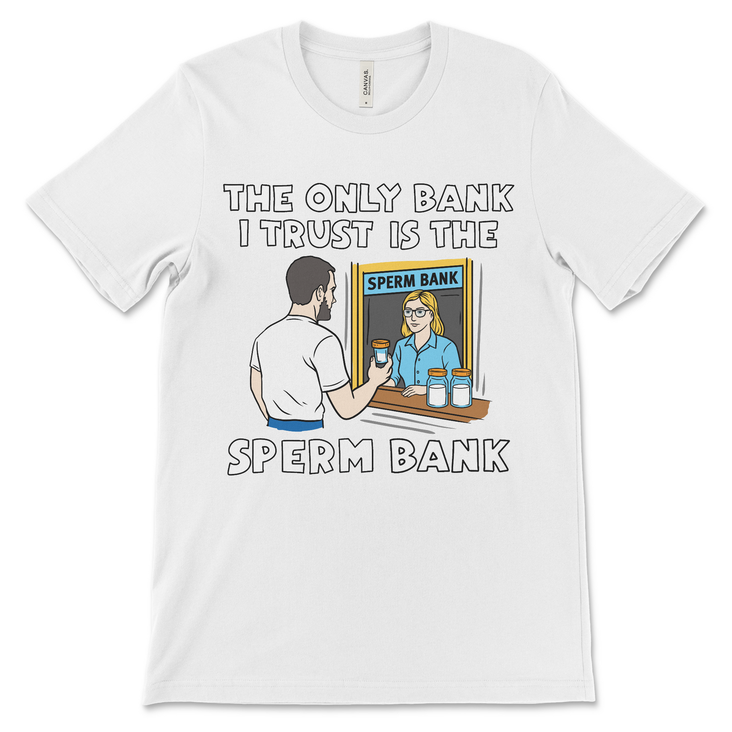 Inappropriate graphic shirt with sperm bank humor, ideal for adult novelty clothing lovers.
