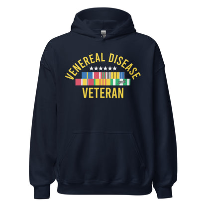 Inappropriate hoodie with vulgar Venereal Disease Veteran design.