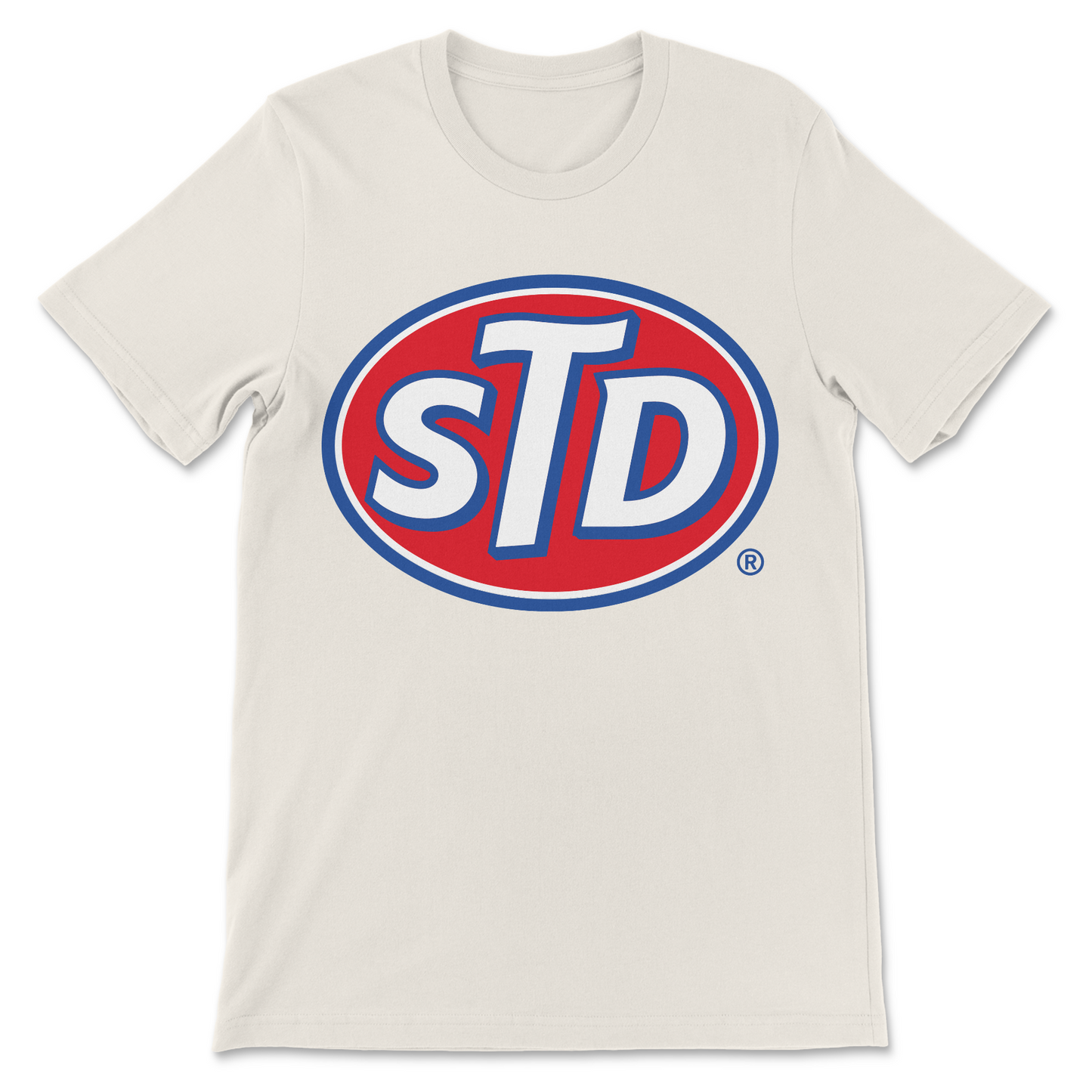 Novelty band shirt with an STD rock-inspired graphic.
