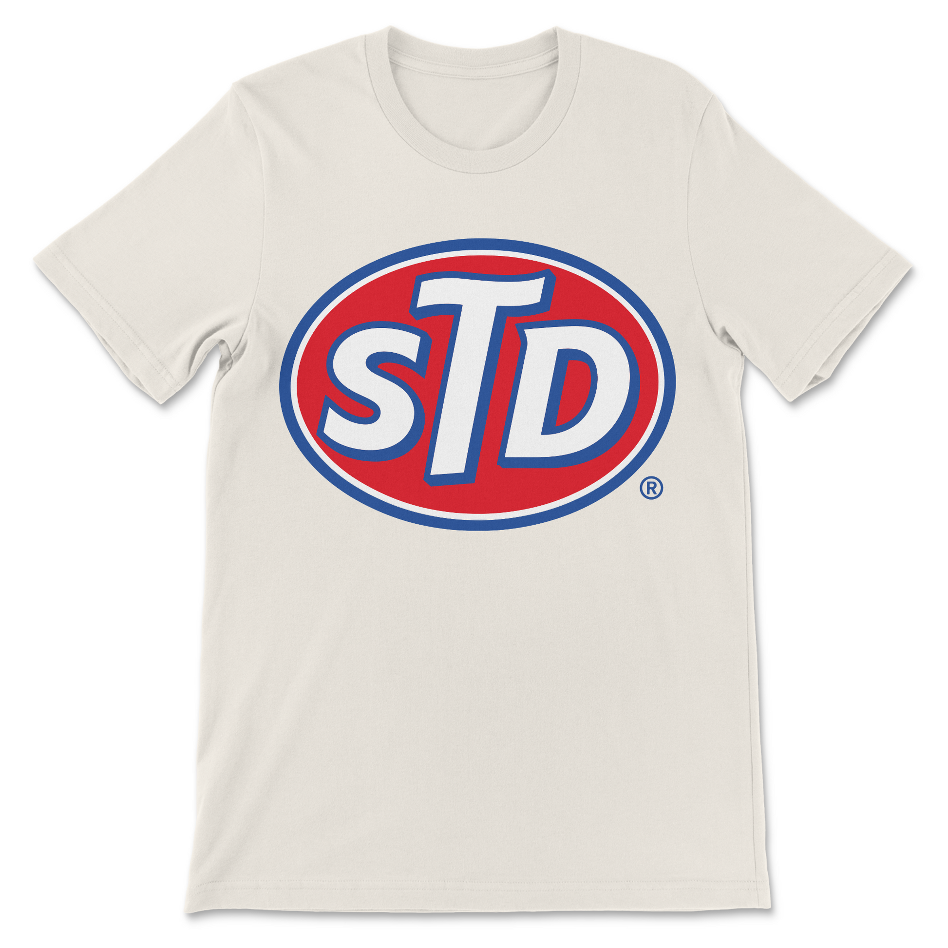 Novelty band shirt with an STD rock-inspired graphic.
