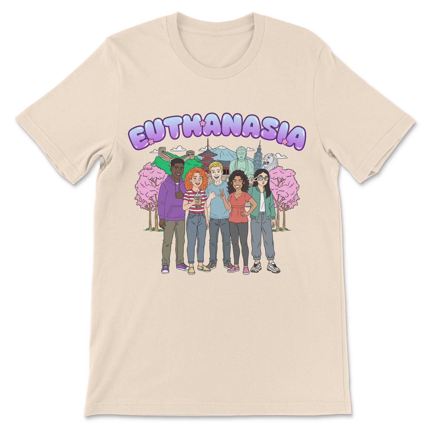 Weird humor t-shirt with a visual pun based on the pronunciation of euthanasia.
