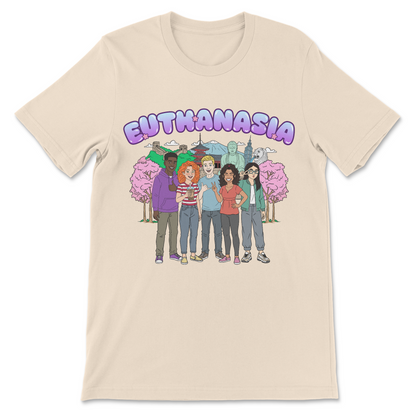 Weird humor t-shirt with a visual pun based on the pronunciation of euthanasia.
