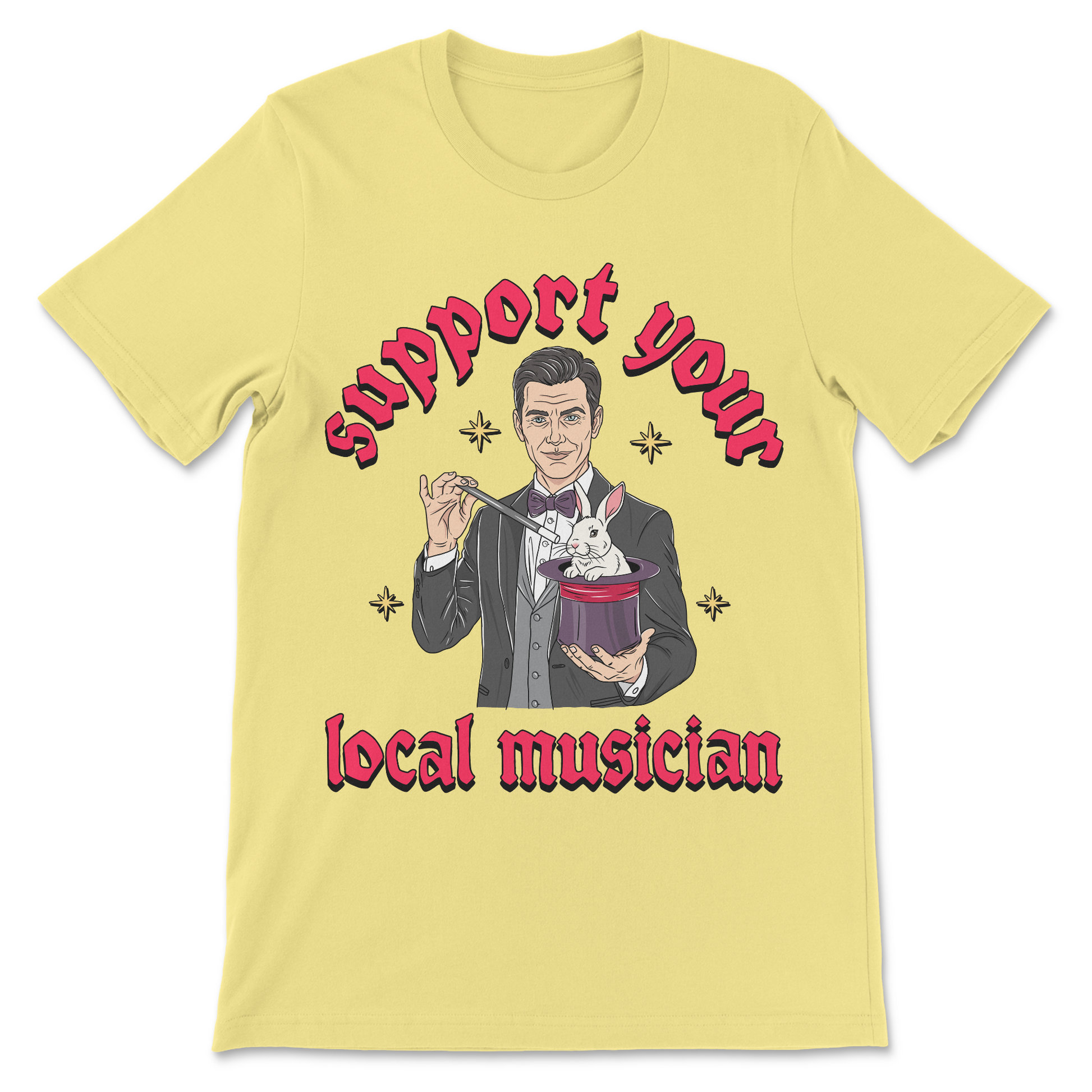 Funny graphic shirt featuring a magician instead of the expected musician.
