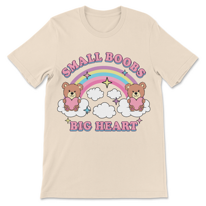 Dirty humor women’s graphic tee with small boobs big heart slogan
