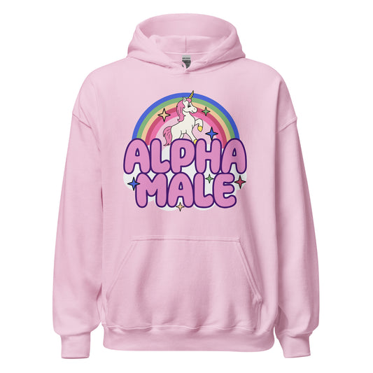 Alpha Male Unicorn Hoodie with ironic satire design
