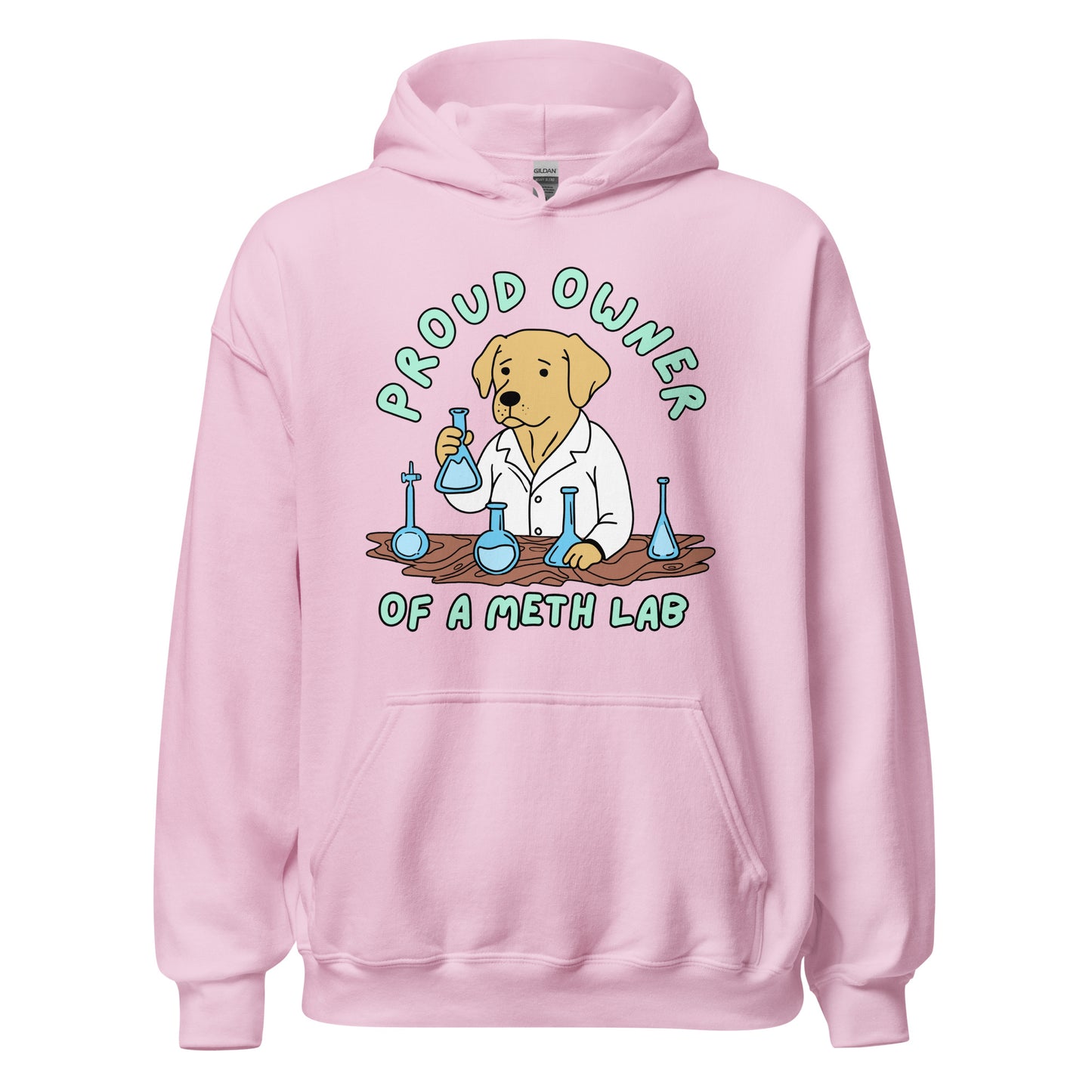 dark humor funny dog hoodie with methamphetamine laboratory graphic
