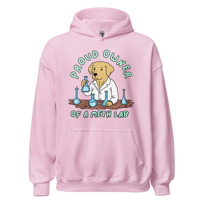 dark humor funny dog hoodie with methamphetamine laboratory graphic
